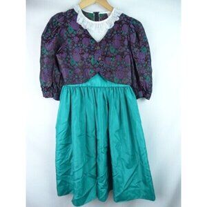Ruth of Carolina Girls Vintage Dress Size 14 Teal Floral Half Sleeve Lace 80s